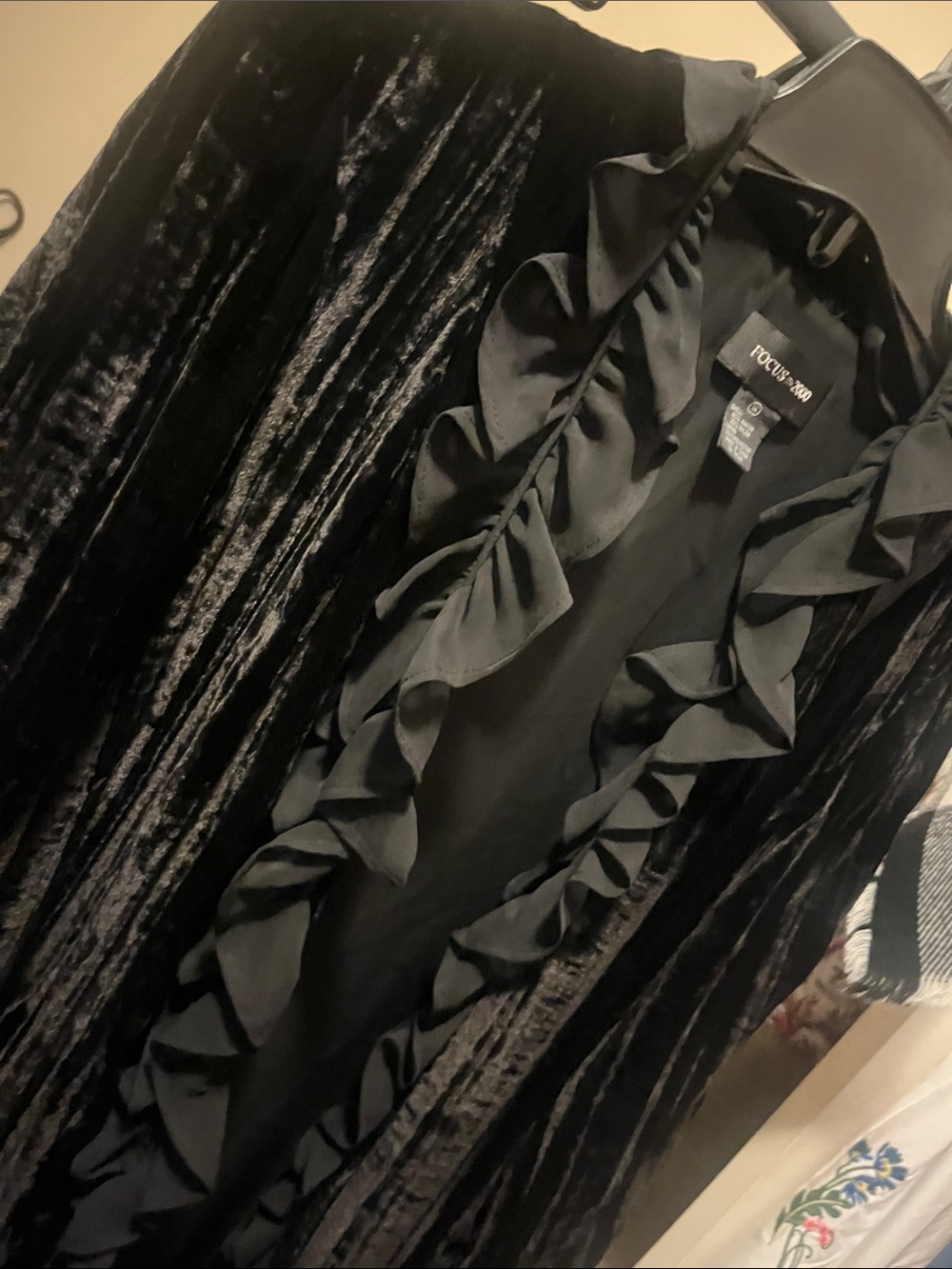 Focus 2000 Black Velvet Ruffle-Trim Robe - Picture 2 of 4